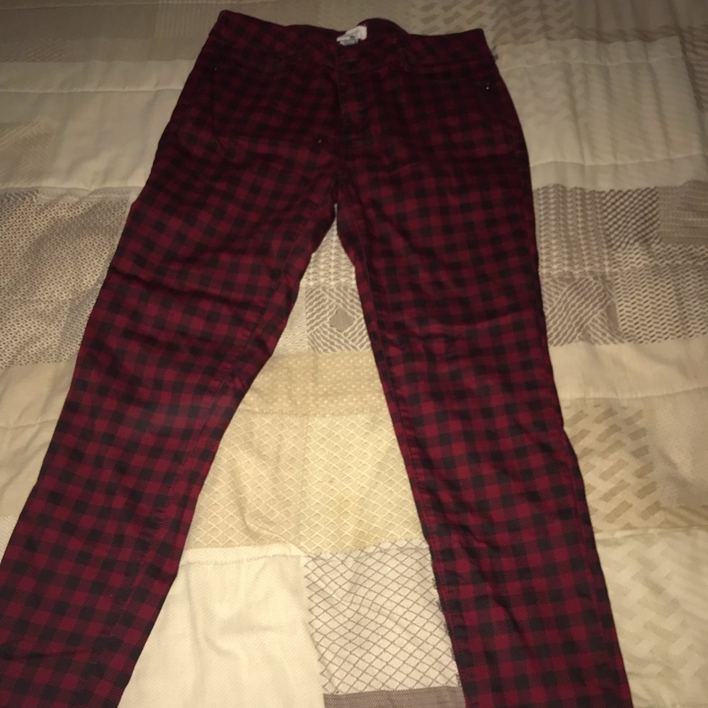 Red and Black Checkered Skinny Jeans.